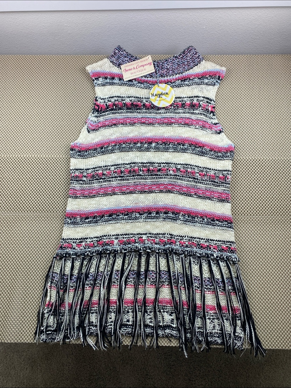 Hayden Sleeveless Fringe Knit Tunic in Cream, Pink & Black